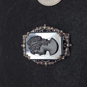 Vintage Silver and Black Stone Cameo Brooch